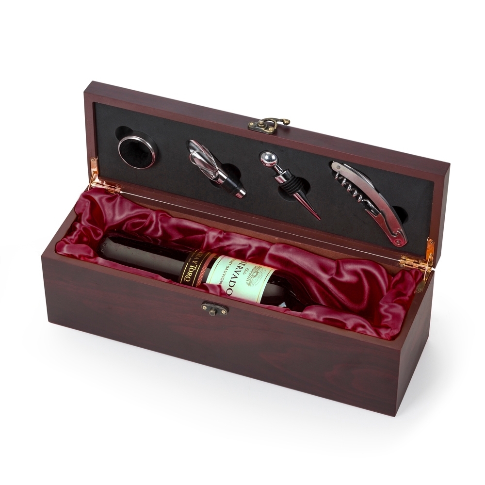 KIT VINHO CAIXA DE MADEIRA 4 PEÇAS PORTA GARRAFA